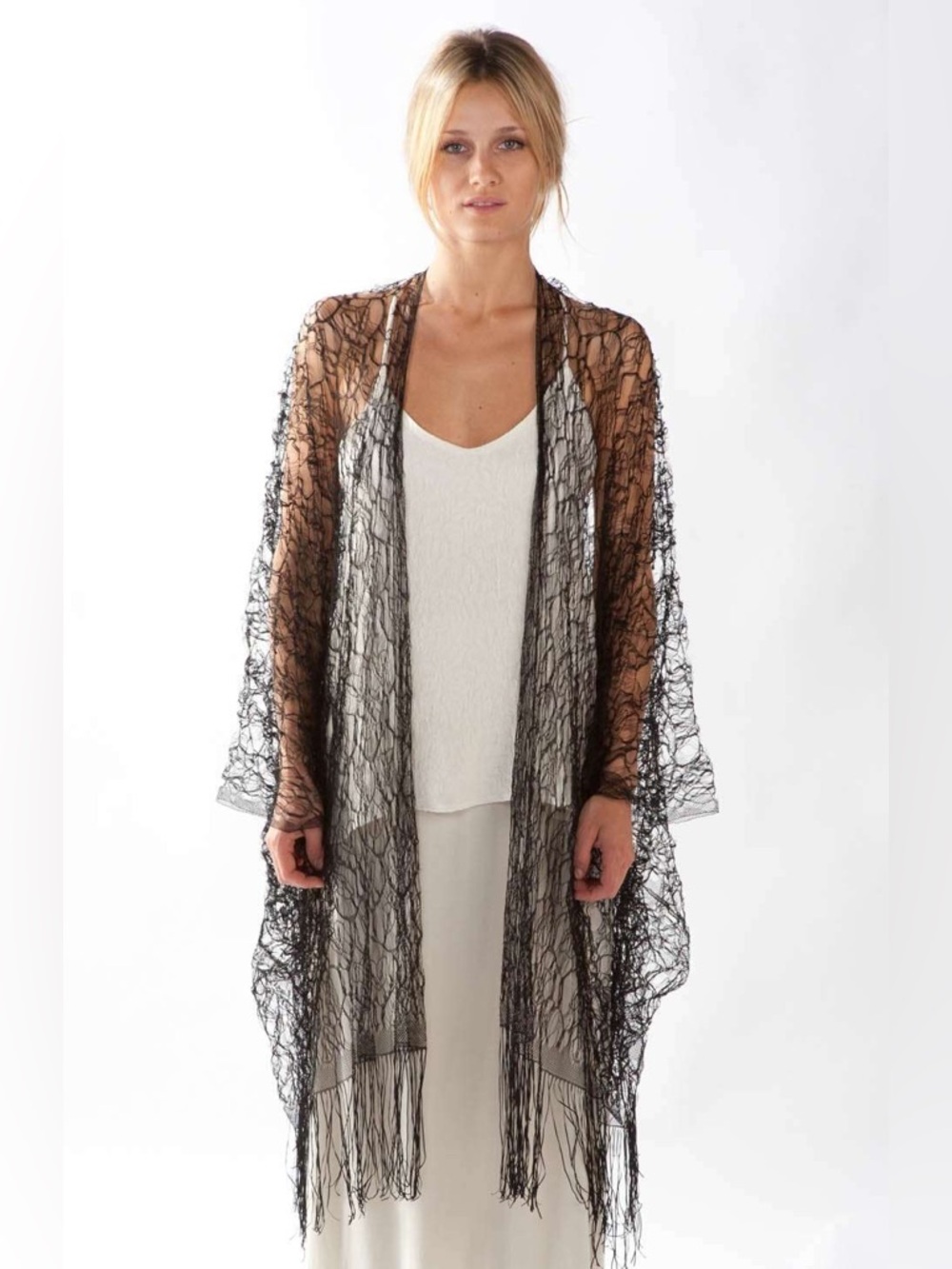 Merritt Charles Charcot Shawl — Sheer Black Lace Fringe Kimono